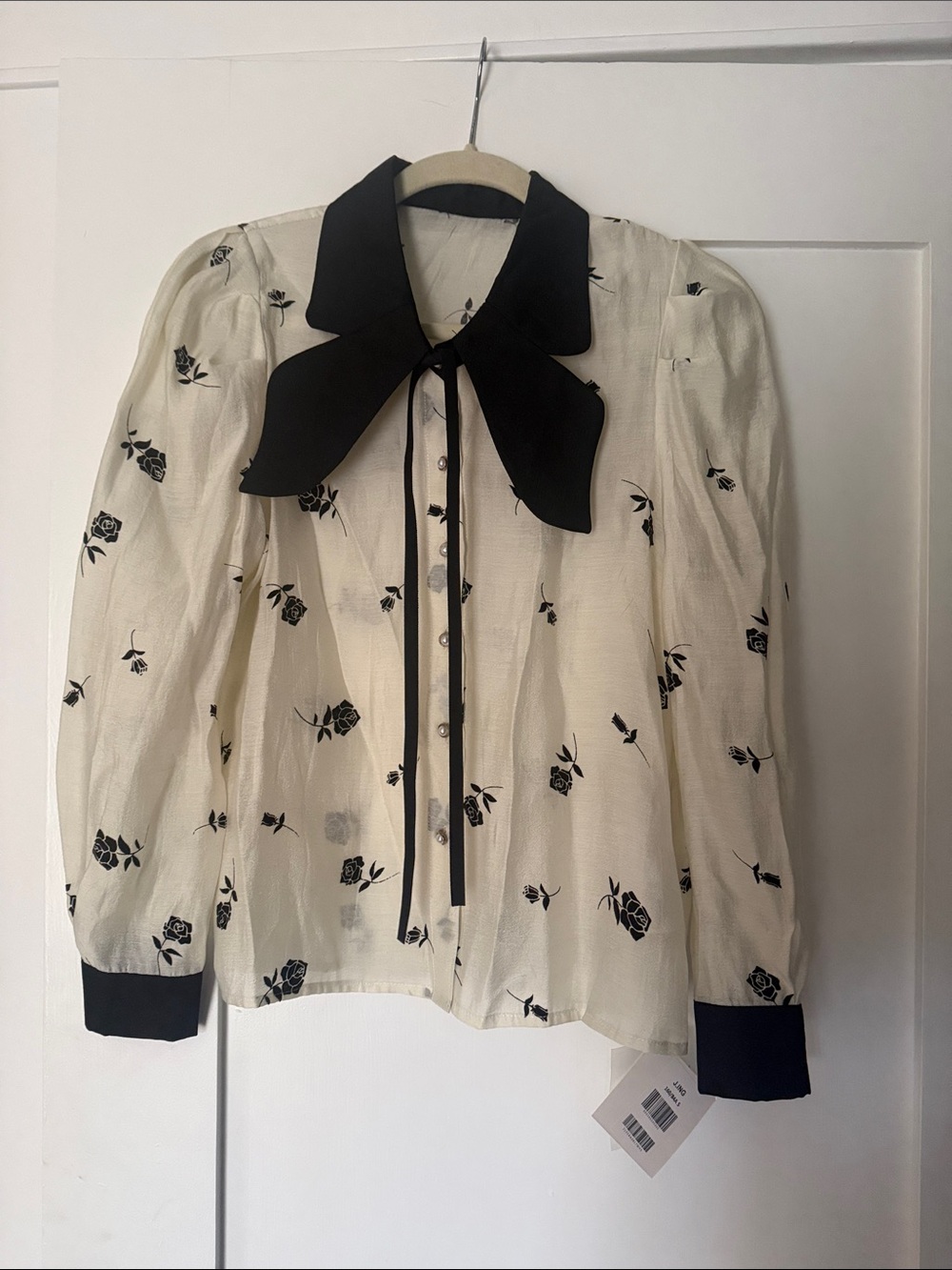 J.ING Cream Blouse with Black Rose Print and Black Tie Collar